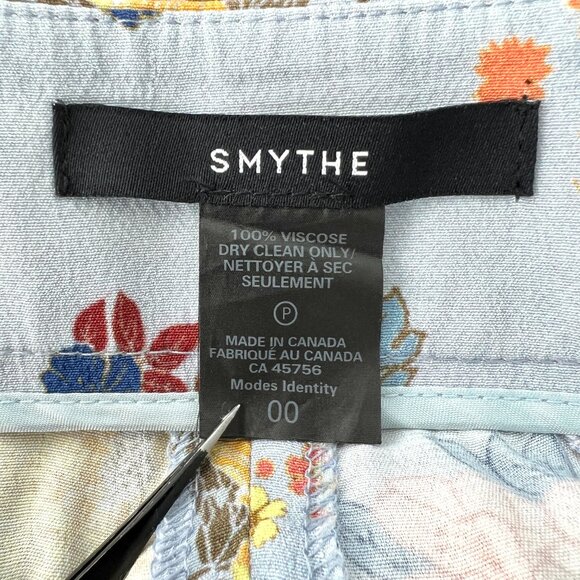 Sz 00- Smythe Mid-Rise Cropped Length Baby Blue Floral Flood Trouser Pants - Picture 13 of 15